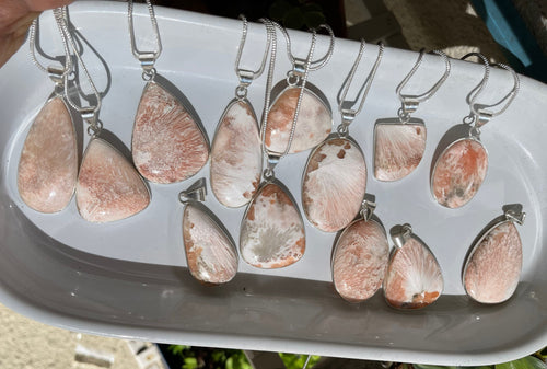 One Pink Scolecite silver plated necklace with chains 18”
